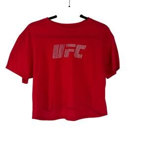NWOT UFC Red Rhinestone Detail Cropped Short Sleeve Tee Sz Large
